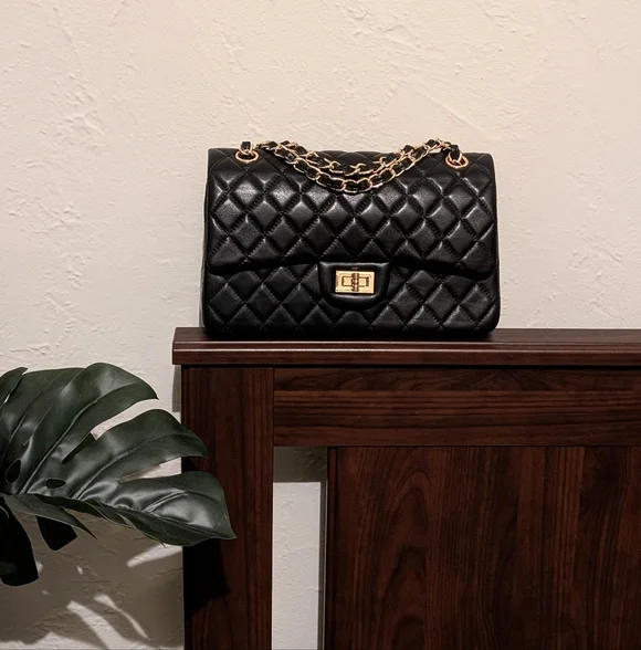 Black Quilted Leather Double Flap Bag - Picture 2 of 12
